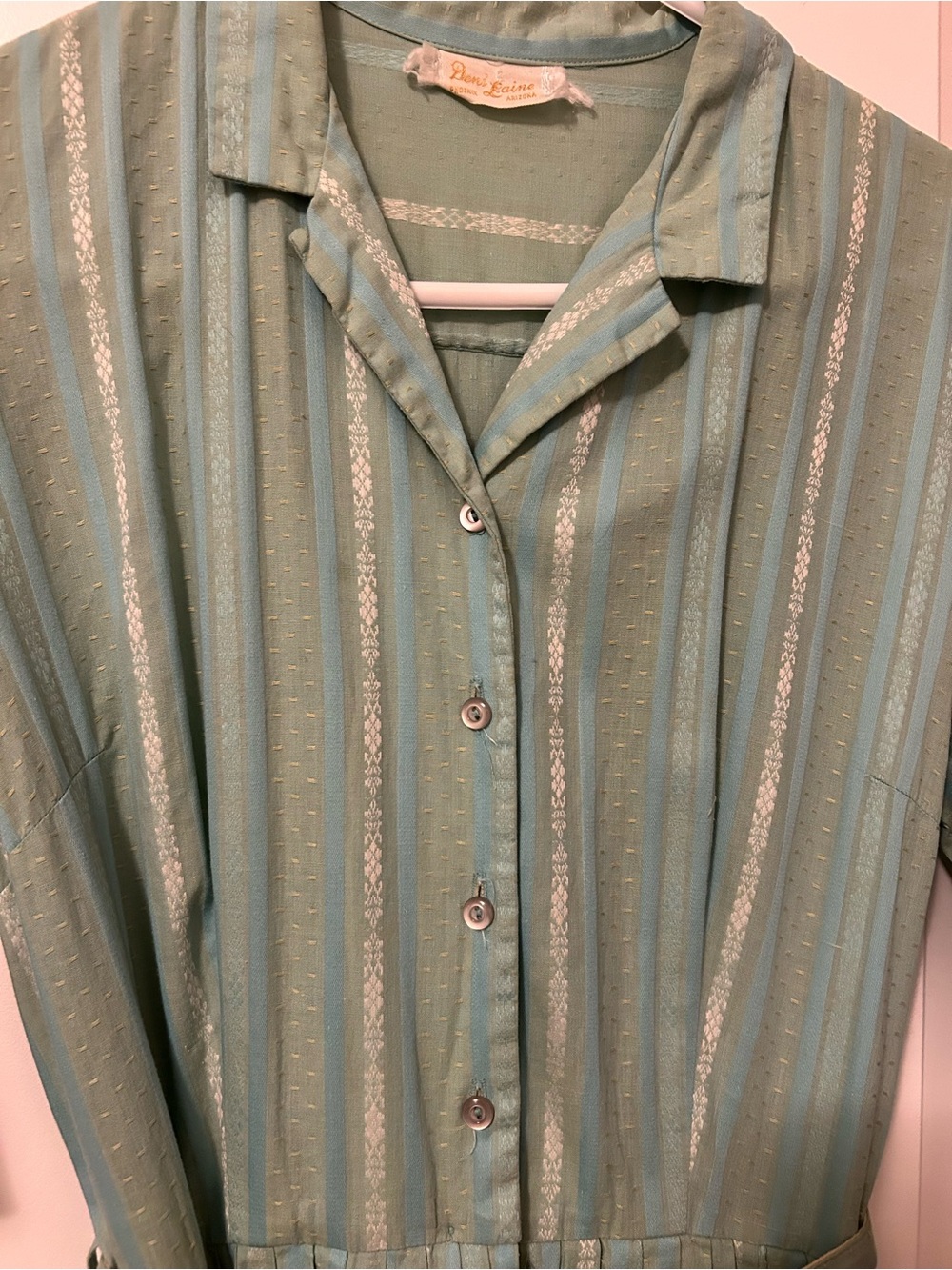 Vintage 60’s Light Teal Striped Button-Front Midi Dress with Belt - Picture 5 of 8